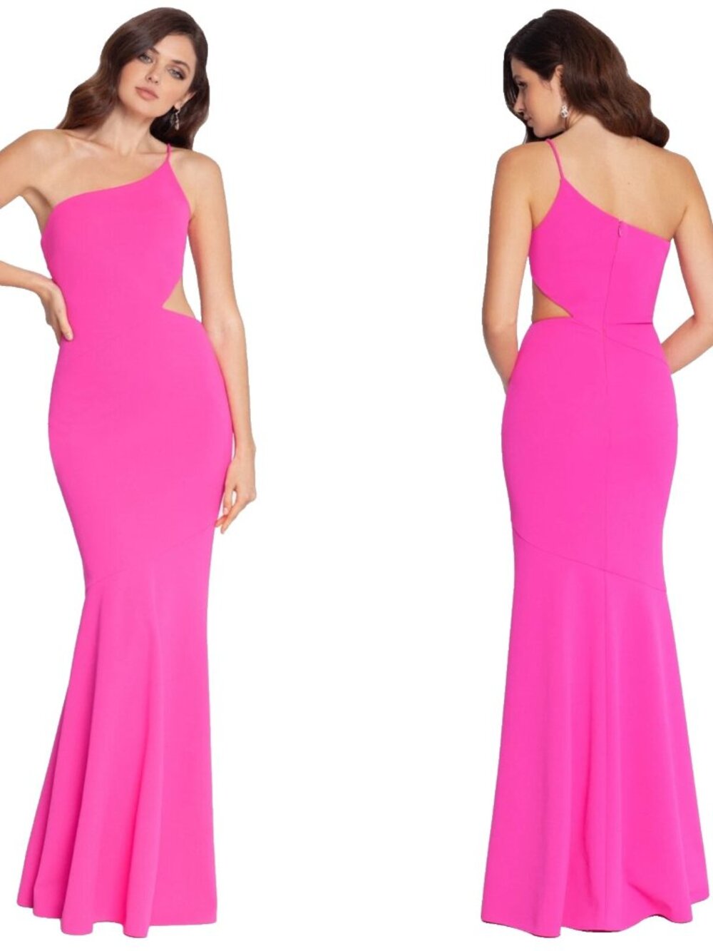 NEW BETSY & ADAM Neon HOT PINK One Shoulder SIDE CUTOUT Evening Dress GOWN 2